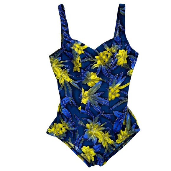Le Cove Blue Green Floral Built-In Bra One Piece Swimsuit Size 14 - Picture 1 of 6